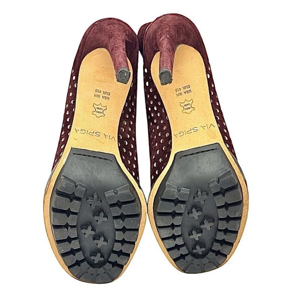 Via Spiga Tasa Burgundy Suede Peep Toe High Heel Shoes Size 10 Medium Pre-Owned - Picture 3 of 11